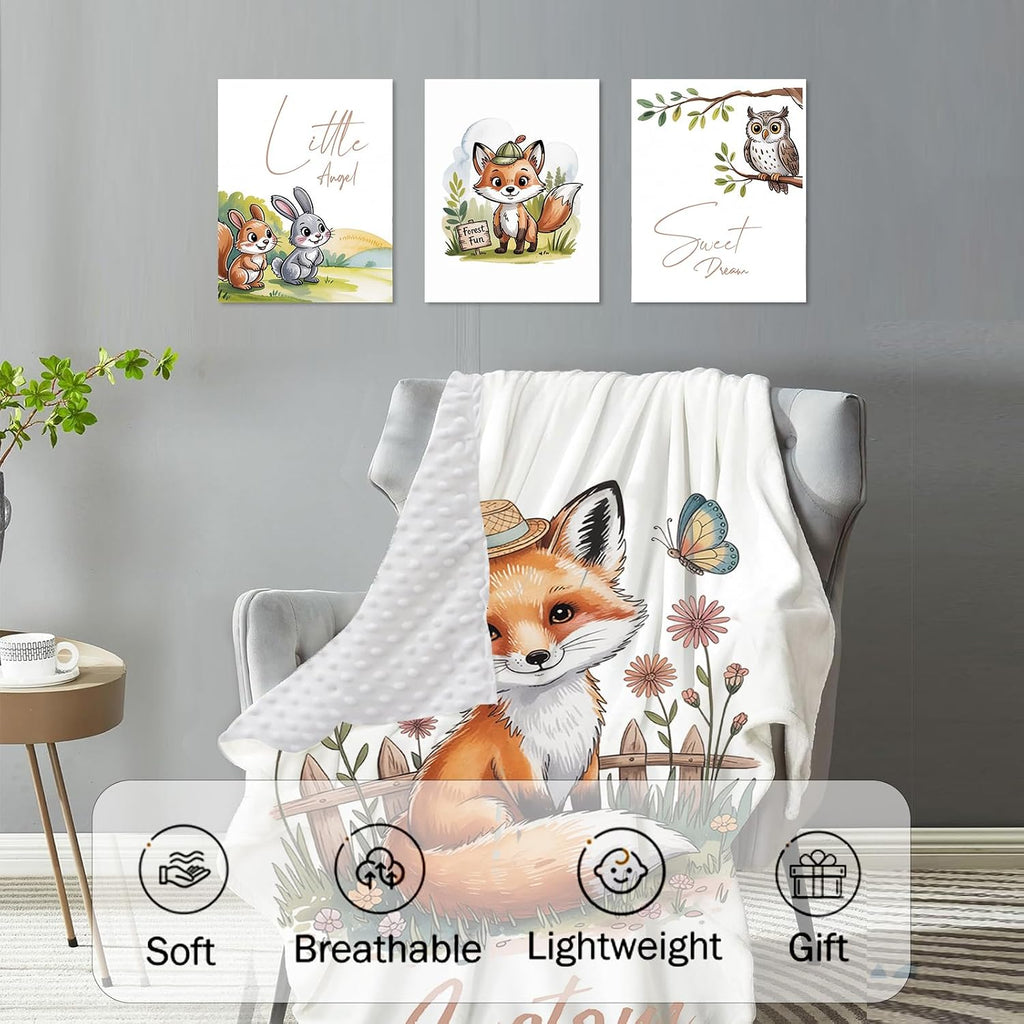 Personalized Crib Bedding Set for Baby Girls, Custom Name Baby Crib Sets 5-Pcs - Toddler Double Layer Blanket Fitted Sheet Changing Pad Cover Rug Wall Art Set, Fox Theme Nursery Décor