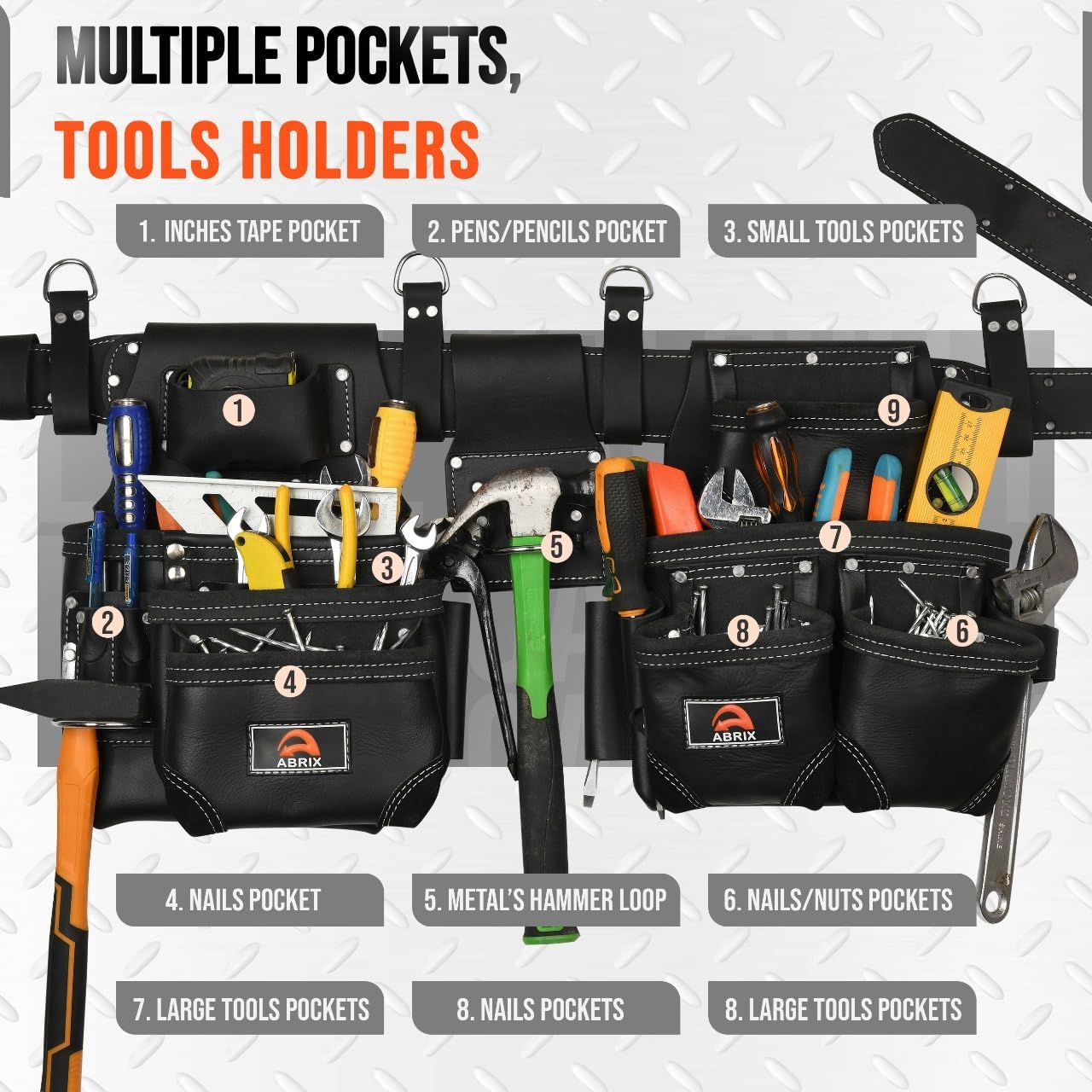 ABRIX Heavy Duty Tool Belt for Men – 4MM Thick Genuine Leather, Brass Buckle & Rivets | Foam Padded Comfort | 28-Pocket Carpenter & Framing Rig with Suspender | Work Belt Fit upto 32' to 52'