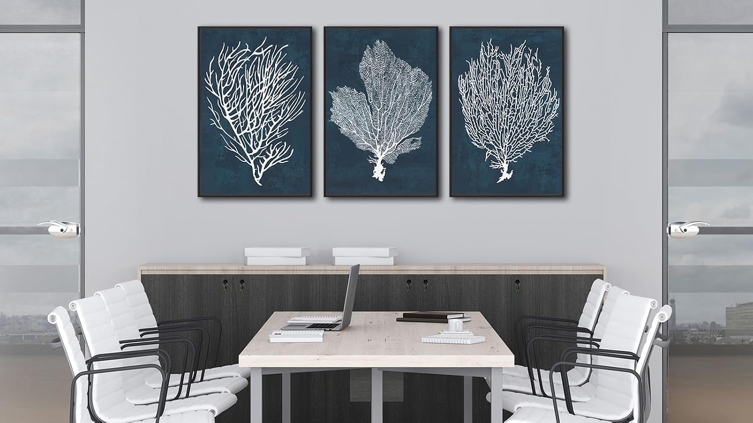 Large Framed Coral Wall Art - Navy Blue Coastal Wall Decor Painting 20'x28' Set of 3 Minimalist Beach Wall Art Prints Rustic Ocean Coral Canvas Pictures for Living Room Bedroom Office Artwork