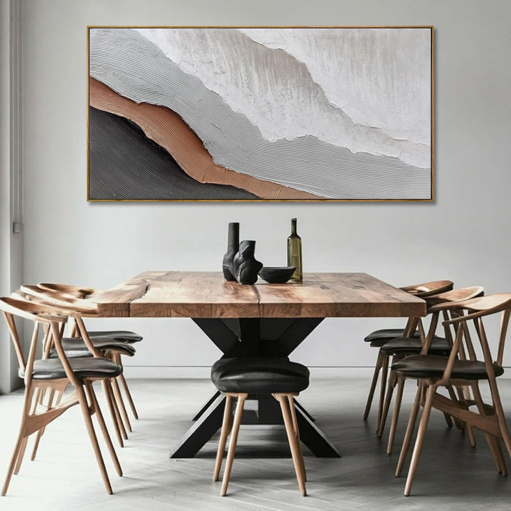 Textured White Wall Art,Grey Abstract Artwork,Large Framed Modern Pictures,Wave Landscape Oil Painting 24'x48'for Home Office Gallery