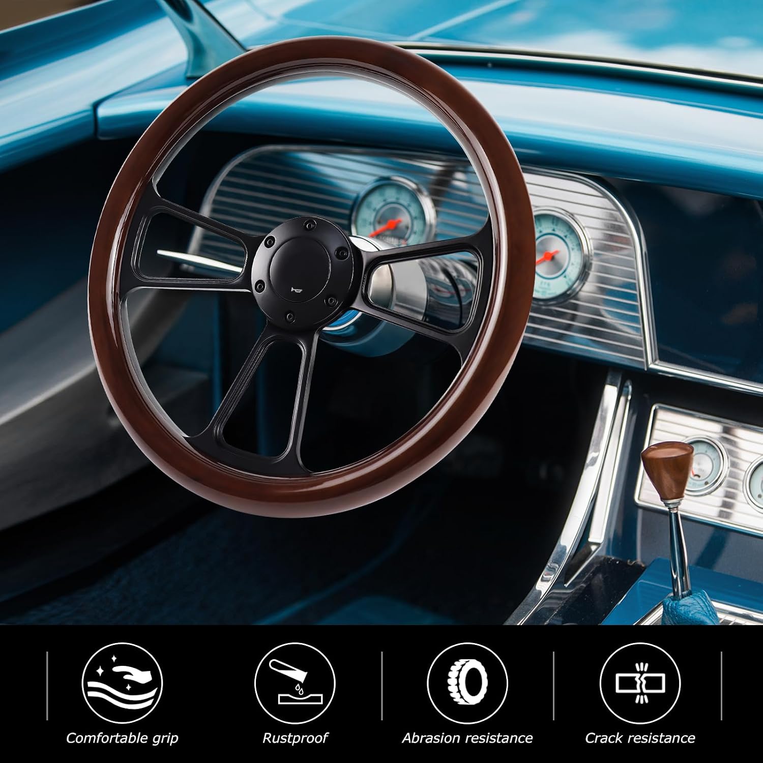 Universal 14 Inch Wooden Racing Steering Wheel 6 Bolt Black Aluminum 3 Spoke Vintage with Horn Button for Racing/Rally/Motorsports Racing Steering Wheel