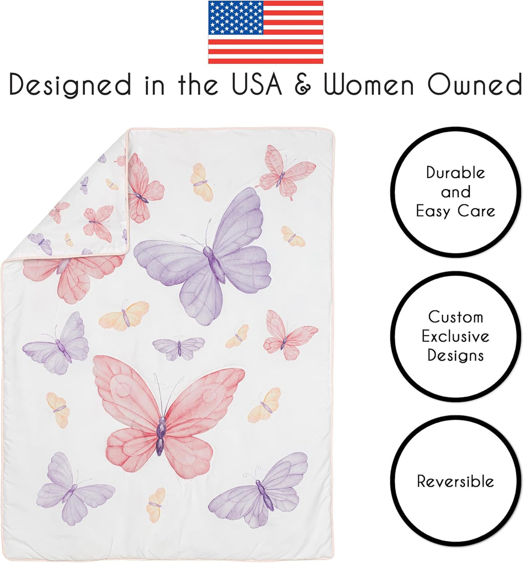 Sweet Jojo Designs 5-Piece Baby Crib Bedding Set (Pink/Purple Shabby Chic Butterfly) for Girls, Infants/Nursery incl. BreathableBaby Mesh Liner, Blanket, Fitted Sheet, Skirt, Diaper Stacker (Colorful)