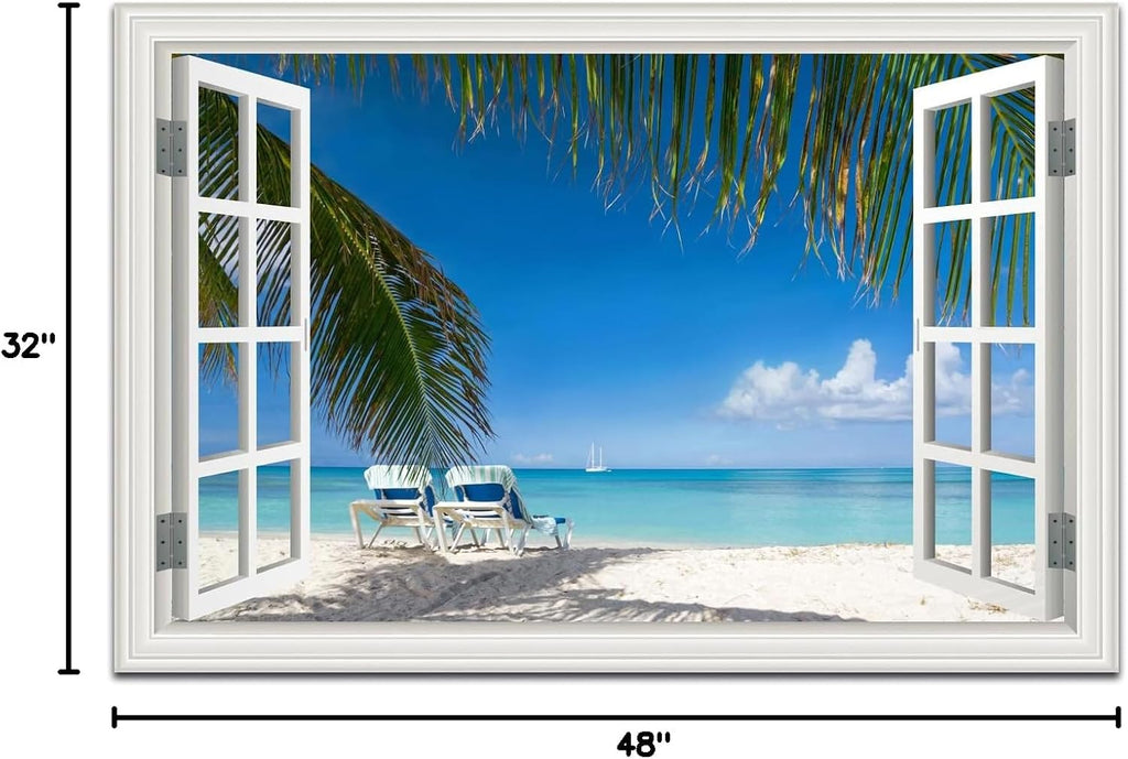 Ocean Wall Art Decor for Living Room Large Beach Canvas Picture for Wall Window Frame Style Palm Tree Artwork Coastal Art Print for Bedroom Blue Seascape Painting for Homen Office decoration, Ready to