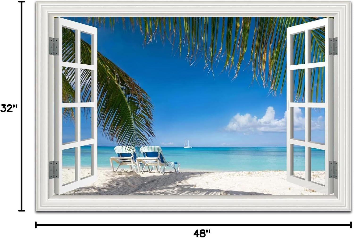 Ocean Wall Art Decor for Living Room Large Beach Canvas Picture for Wall Window Frame Style Palm Tree Artwork Coastal Art Print for Bedroom Blue Seascape Painting for Homen Office decoration, Ready to