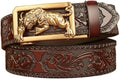Mens Ratchet Leather Belt, Genuine Leather belts, Engraved Vintage Dragon Eagle Tiger Buckle, Business leisure belt