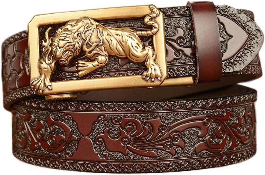 Mens Ratchet Leather Belt, Genuine Leather belts, Engraved Vintage Dragon Eagle Tiger Buckle, Business leisure belt