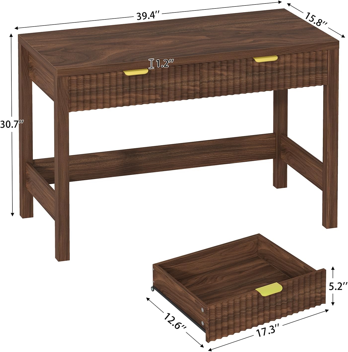 YOMILUVE Fluted Computer Desk with 2 Drawers, 39 Inch Small Computer Desk with Storage, Compact Writing Study Desk for Small Spaces, Walnut