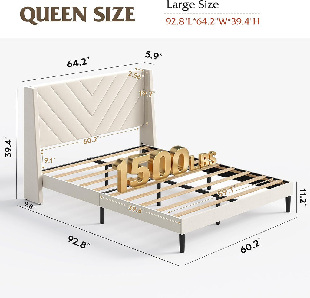 WLIVE Upholstered Bed Frame, Queen Bed Frame with Tufted Headboard, Platform Bed with Wing Side & Wood Slats, 1500LBS Mattress Foundation, No Box Spring Needed, Easy Assembly, Velvet Beige
