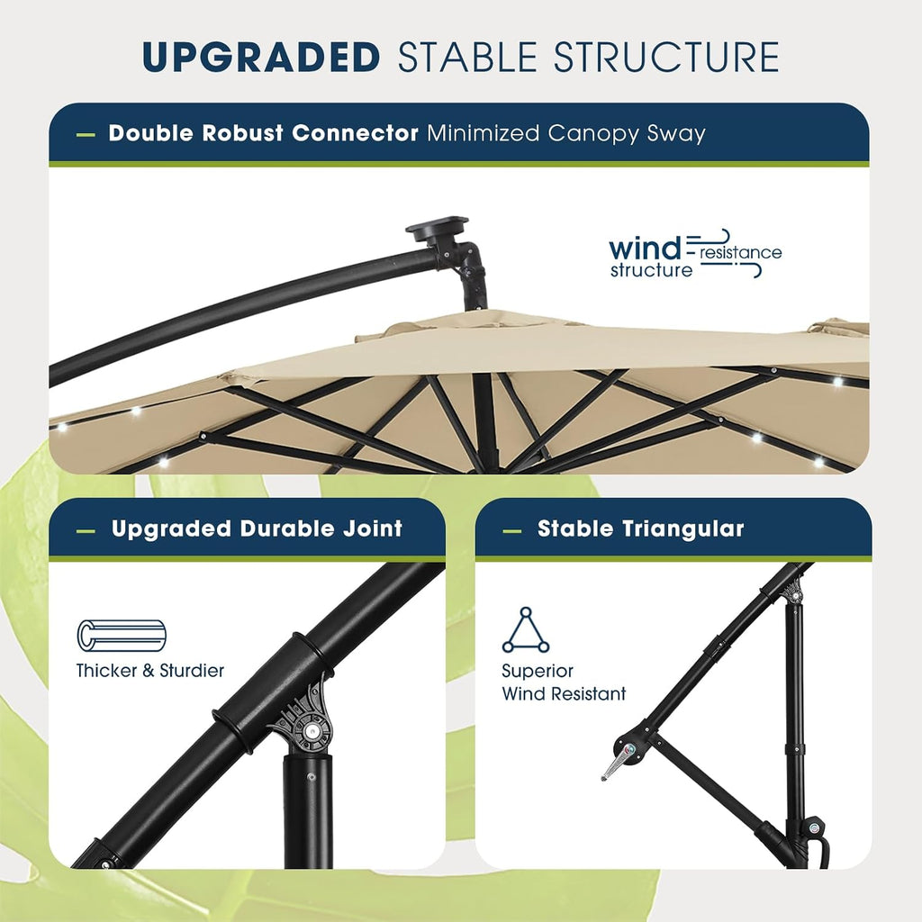 wikiwiki 10ft Solar LED Patio Umbrella with Base Included, Offset Umbrella with Weighted Sandbag Base, Cantilever Patio Umbrellas for Backyard, Garden & Deck, 32 LED Lights & Polyester Shade, Beige