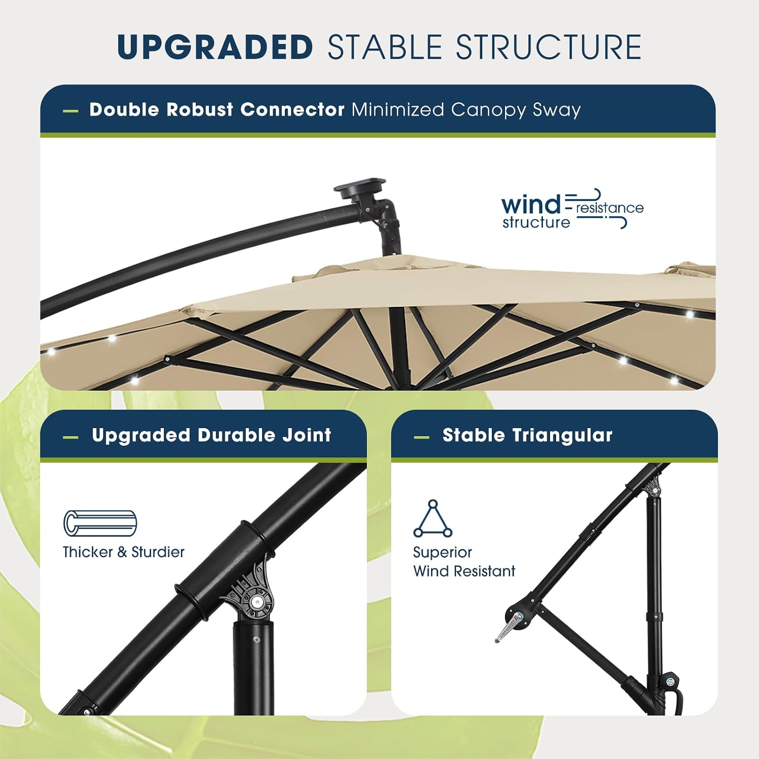 wikiwiki 10ft Solar LED Patio Umbrella with Base Included, Offset Umbrella with Weighted Sandbag Base, Cantilever Patio Umbrellas for Backyard, Garden & Deck, 32 LED Lights & Polyester Shade, Beige