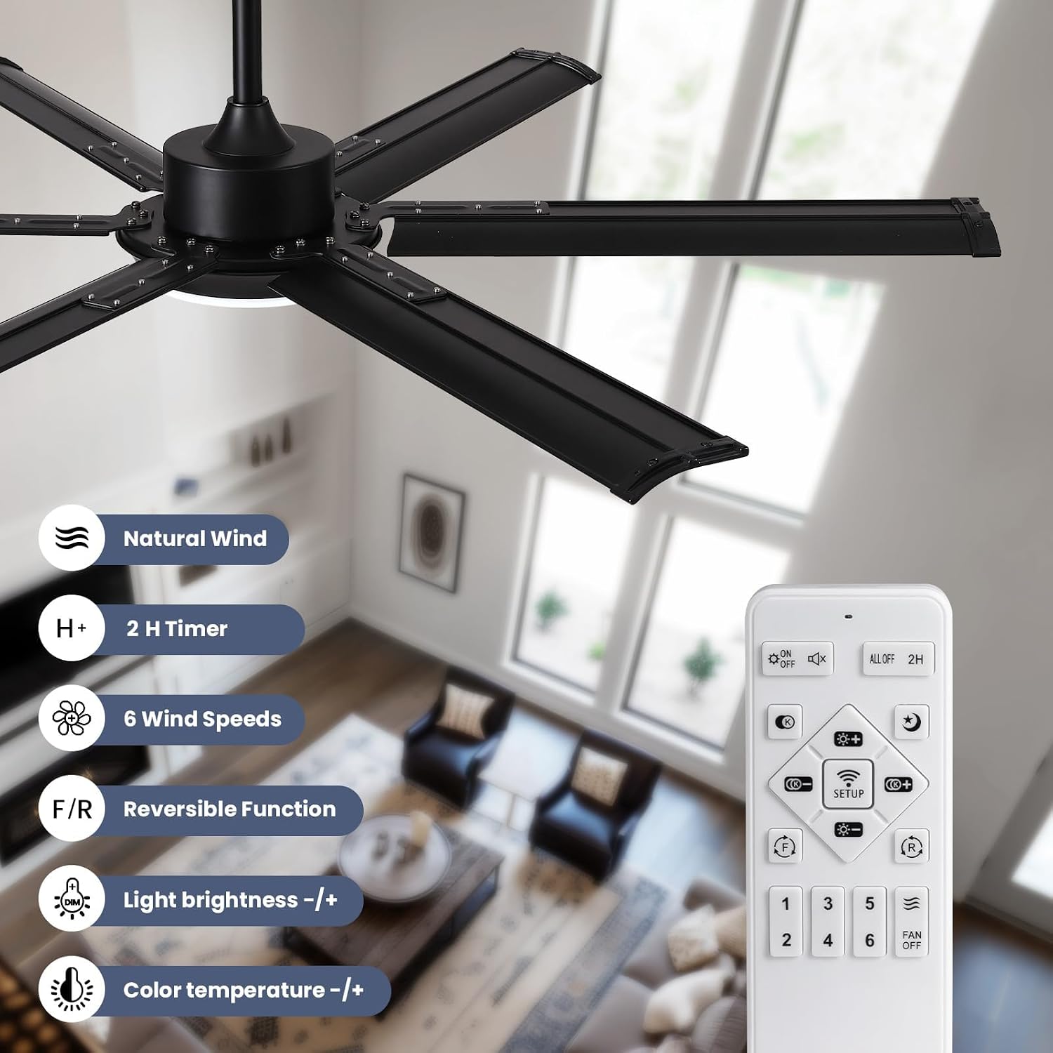 52 Inch Modern Ceiling Fan with Lights & Remote Control, 3CCT, Black Industrial Ceiling Fan, Aluminum Fandelier Dimmable, Reversible 6 Speed Quiet for Living Room Patio Bedroom Dining Room