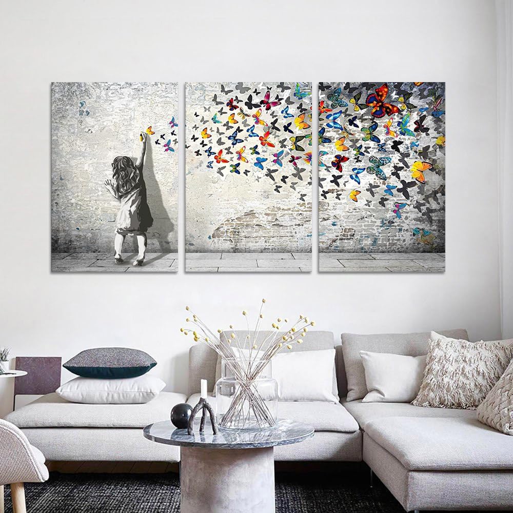 Novatique Banksy Canvas Wall Art Colorful Graffiti Wall Art Beautiful Butterfly Painting Print Abstract Graffiti Street Poster Artwork for Living Room Bedroom,24'x 36'x 3Pcs