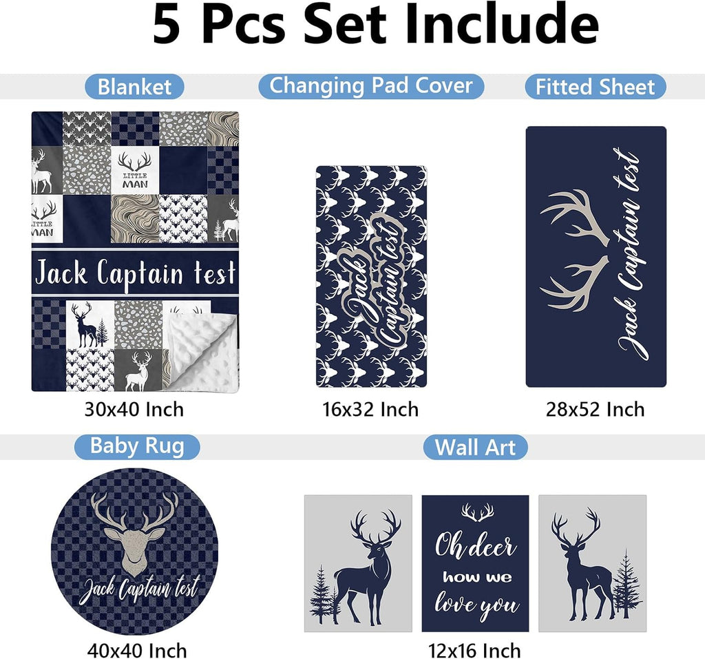 KAINSY Personalized Baby Bedding Set, 5 Pcs Custom Name Crib Bedding Set, Double Layer Blue Nursery Bedding Set for Baby Boys, Woodland Deer Baby Crib Set, Gifts for Toddlers Infants New Parents