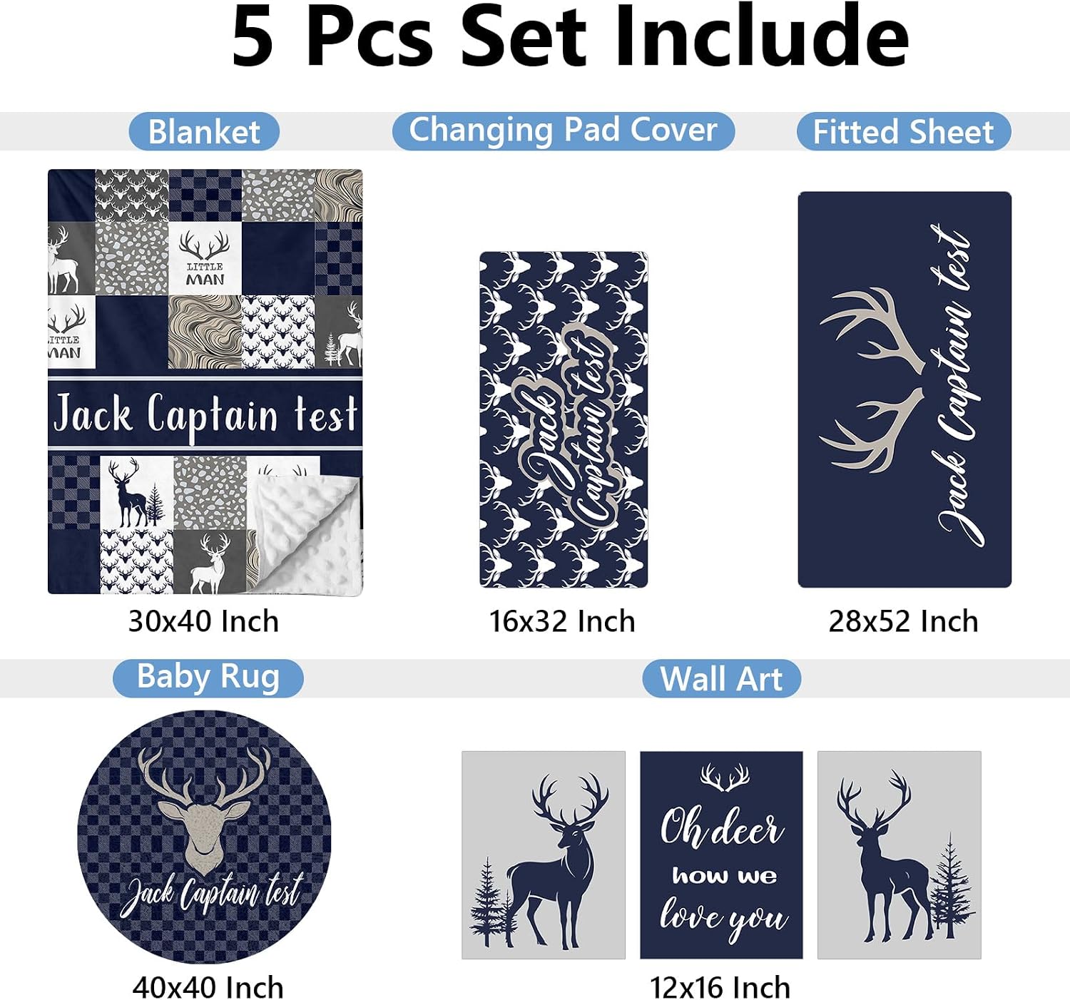 KAINSY Personalized Baby Bedding Set, 5 Pcs Custom Name Crib Bedding Set, Double Layer Blue Nursery Bedding Set for Baby Boys, Woodland Deer Baby Crib Set, Gifts for Toddlers Infants New Parents