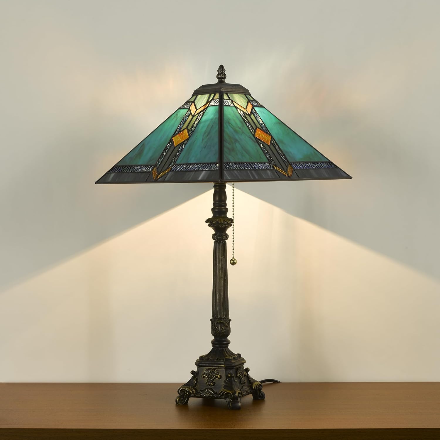 Tiffany Table Lamps Blue Stained Glass Striped Checkered Style Mission Desk Lamp 12X12X24 Inch Bronze Resin Base