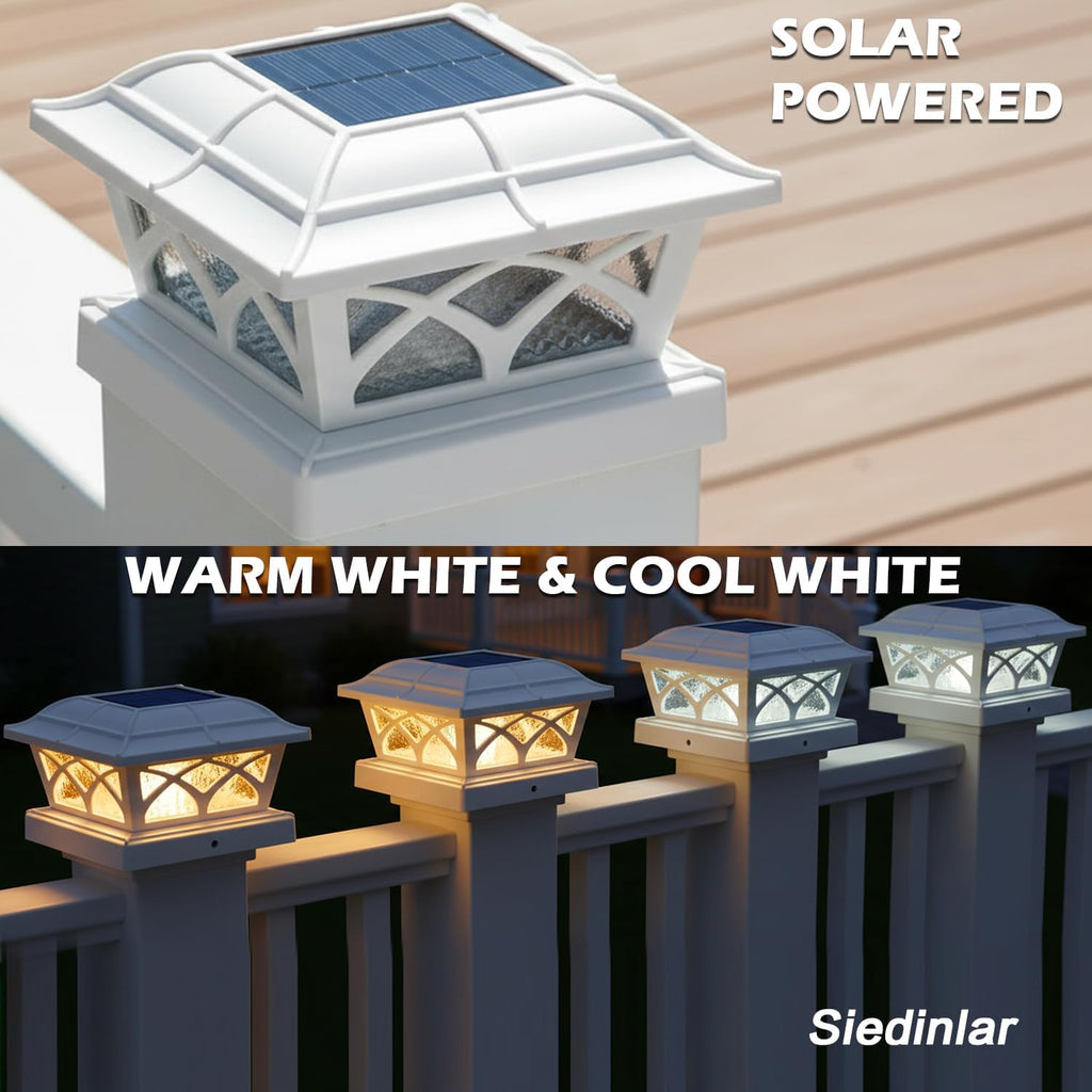 SIEDiNLAR Solar Post Cap Lights Outdoor Glass 2 Color Modes 8 LEDs for 4x4 5x5 6x6 Wooden Vinyl Posts Fence Deck Patio Decoration Warm White & Cool White Lighting White (10 Pack)
