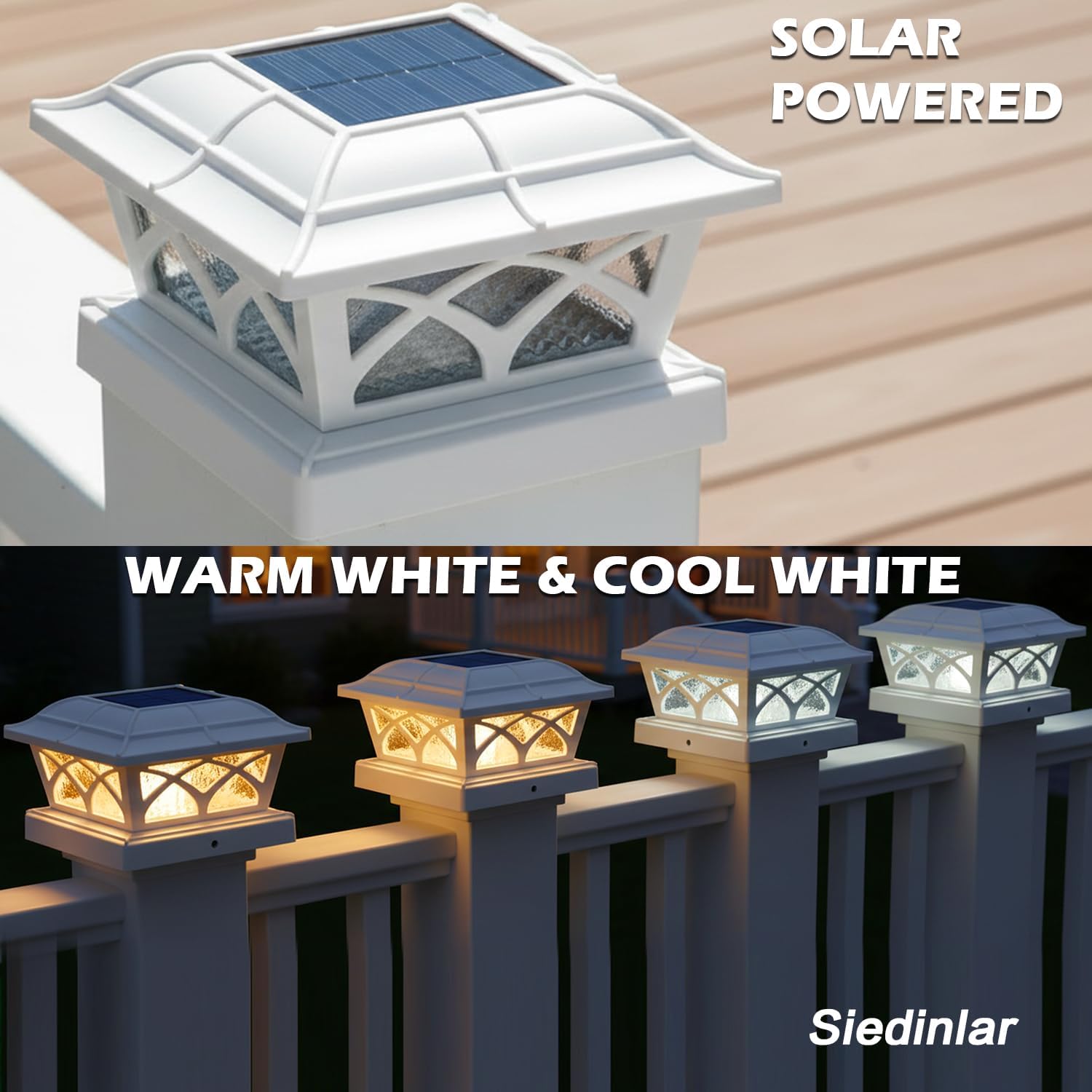SIEDiNLAR Solar Post Cap Lights Outdoor Glass 2 Color Modes 8 LEDs for 4x4 5x5 6x6 Wooden Vinyl Posts Fence Deck Patio Decoration Warm White & Cool White Lighting White (10 Pack)