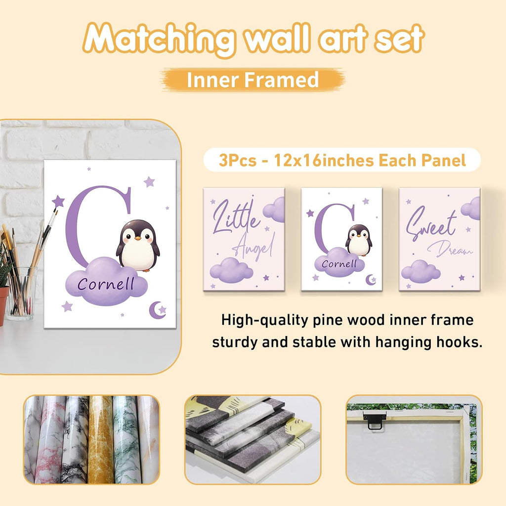 Terwex Custom Baby Bedding Set, 5 Pcs Personalized Baby Crib Sets with Name, Toddler Bedding Set for Baby Girl Boy, Purple Penguin Double Layer Nursery Bedding Set, Customized Gift for Infant Newborn