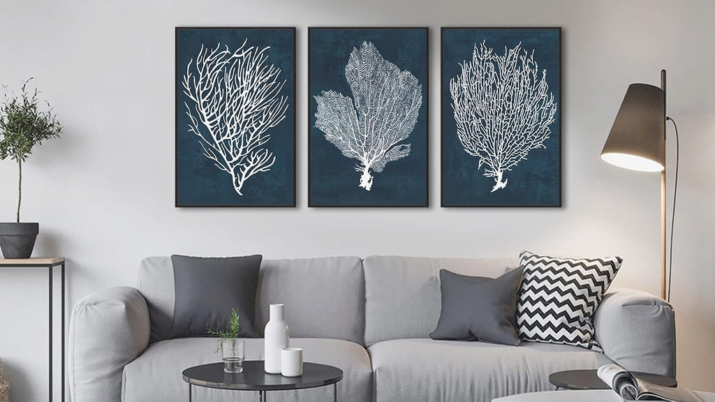 Large Framed Coral Wall Art - Navy Blue Coastal Wall Decor Painting 32'x48' Set of 3 Minimalist Beach Wall Art Prints Rustic Ocean Coral Canvas Pictures for Living Room Bedroom Office Artwork