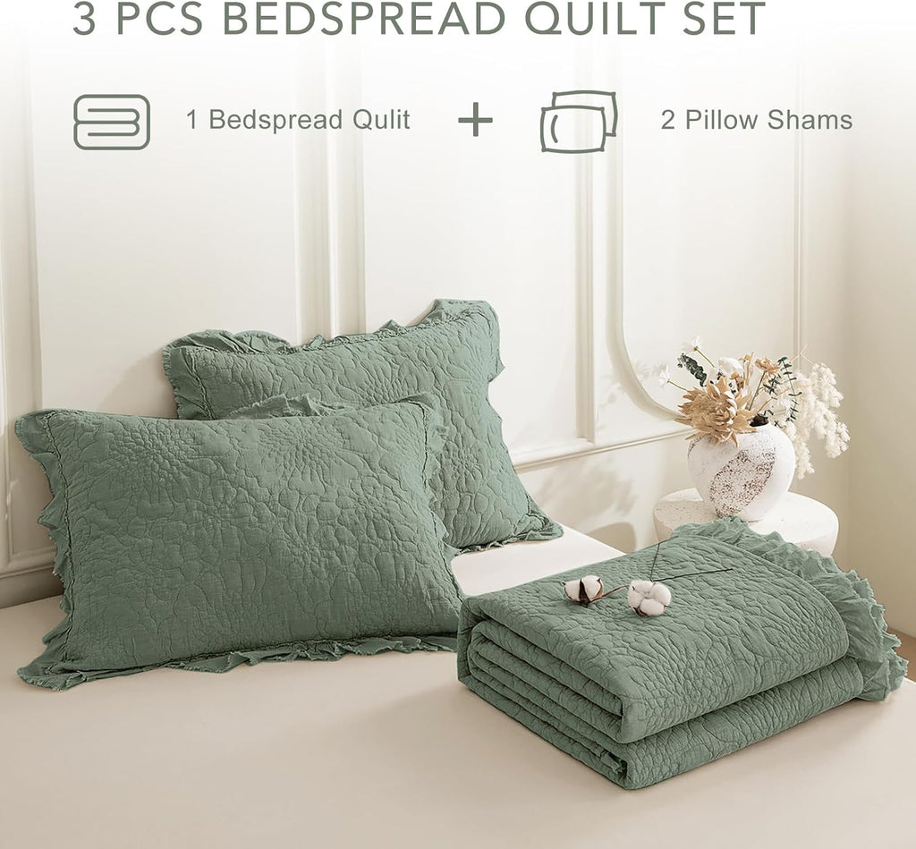 QSH 3PCs Green Oversized King Quilt Bedspread Set(120'x120'),Stonewashed Cotton Ruffled Quilt California King,Ultra Soft Lightweight Crinkled Shabby Bedspread Coverlet Bed Set for All Seasons