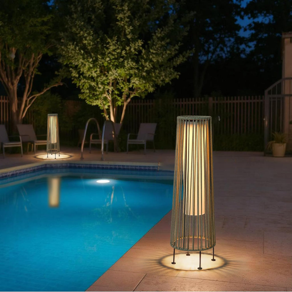 TRIROCKS Outdoor Floor Lamp 2 Piece Solar Powered Lantern Wicker Solar Patio Lamp with Olifen Rope Waterproof Rattan Outside Solar Deck Light for Patio Garden Lawn Yard (Grey)