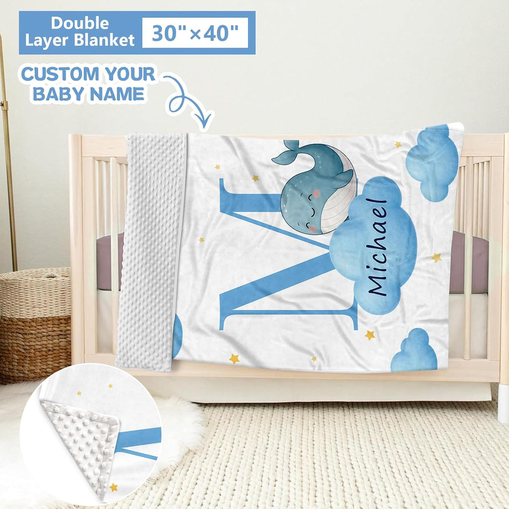 KAINSY Custom Crib Bedding Set, 5 Pcs Personalized Name Monogram Baby Crib Sets for Infants Toddlers, Blue Whale Nursery Bedding Set for Boys Girls, Double Layer Baby Bedding Sets Customized Gifts
