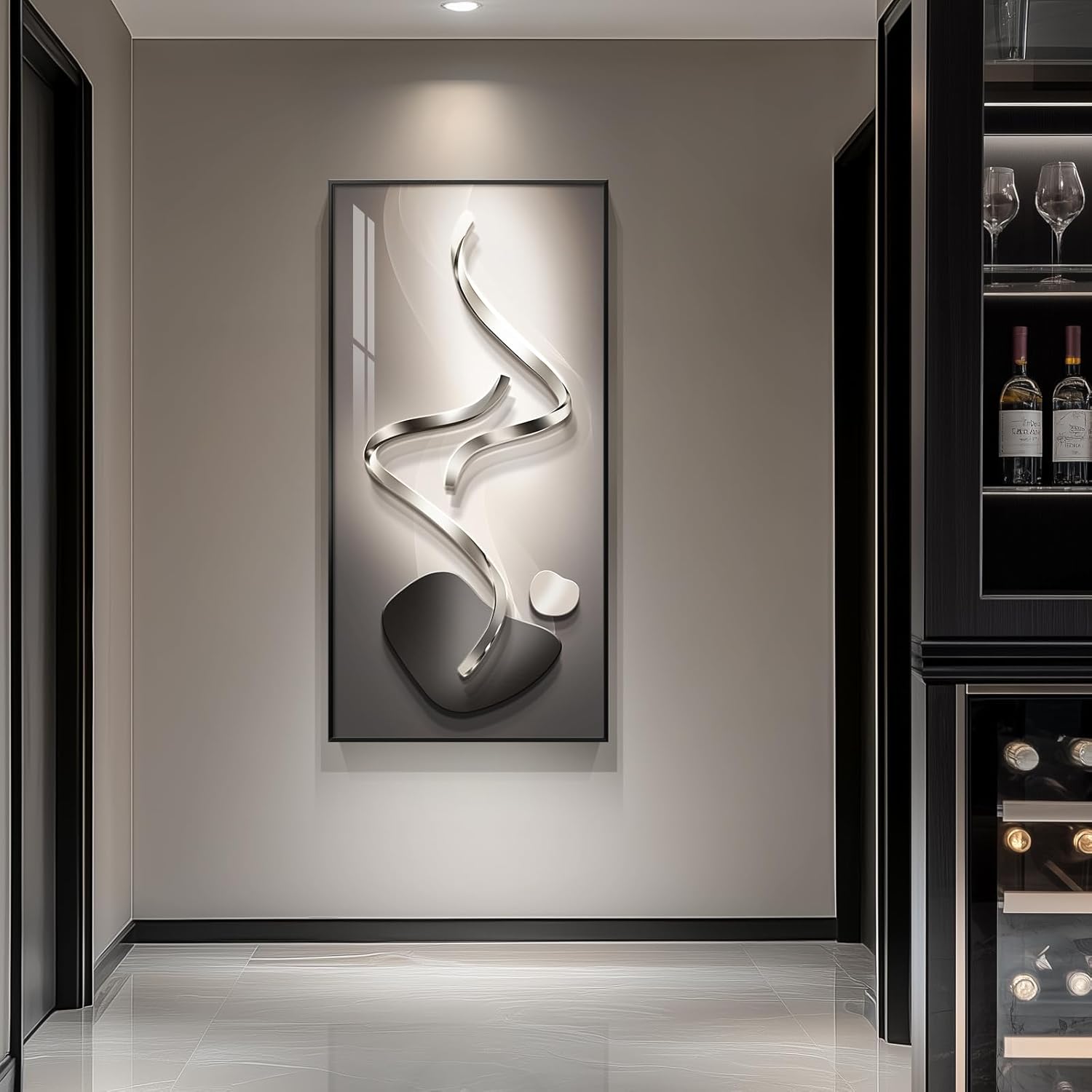 Large Framed Modern Abstract Vertical Wall Art for Living Room, Black Grey Prints Paintings Artwork for Walls, Silver Gray Luxury Pictures for Hallway Entryway Foyer Stair Office Wall Decor 30x60 Inch