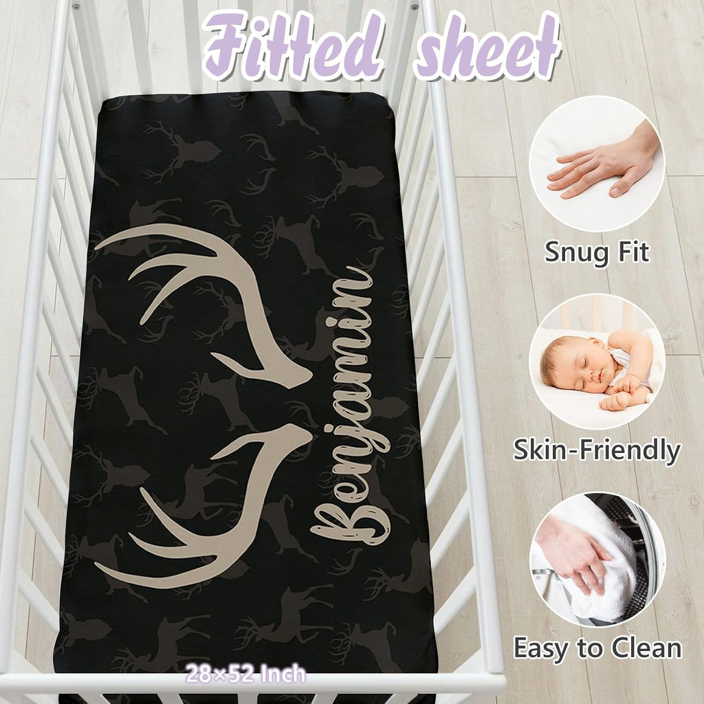 Personalized Baby Crib Bedding Set, 5 Pcs Custom Name Nursery Bedding Set for Girls Boys, Woodland Deer Baby Crib Set for Toddlers Infants, Double Layer Bedding Crib Sets Customized Gifts