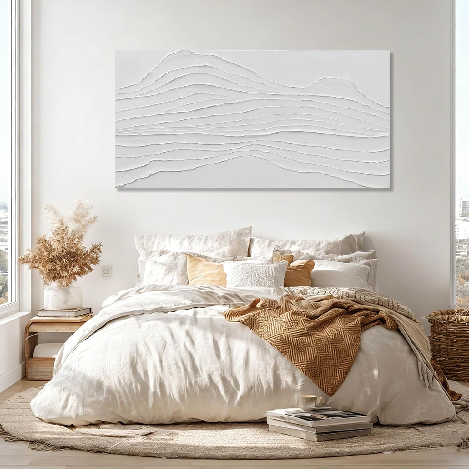 GAIDUOMAI Large Abstract Wall Decor White Line Wall Art Textured Minimalist Poster Contemporary Wall Painting for Living Room Office Bedroom 29'x 58' Hallway Decor