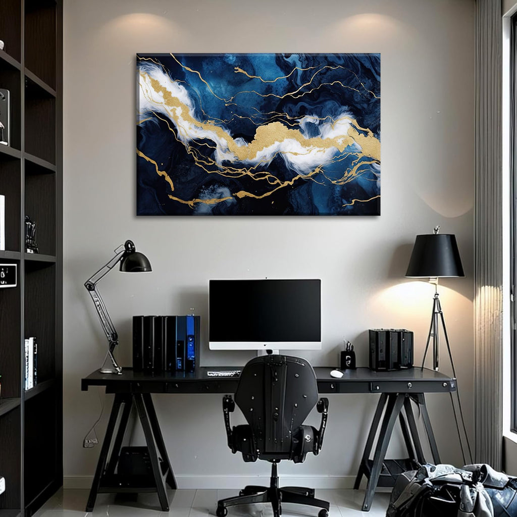 Large Navy Blue and Gold Wall Art Abstract Picture Living Room Decor Framed Modern Marble Texture Painting Canvas Prints for Bedroom Bathroom Home Office Ready to Hang - 32.00'x48.00'