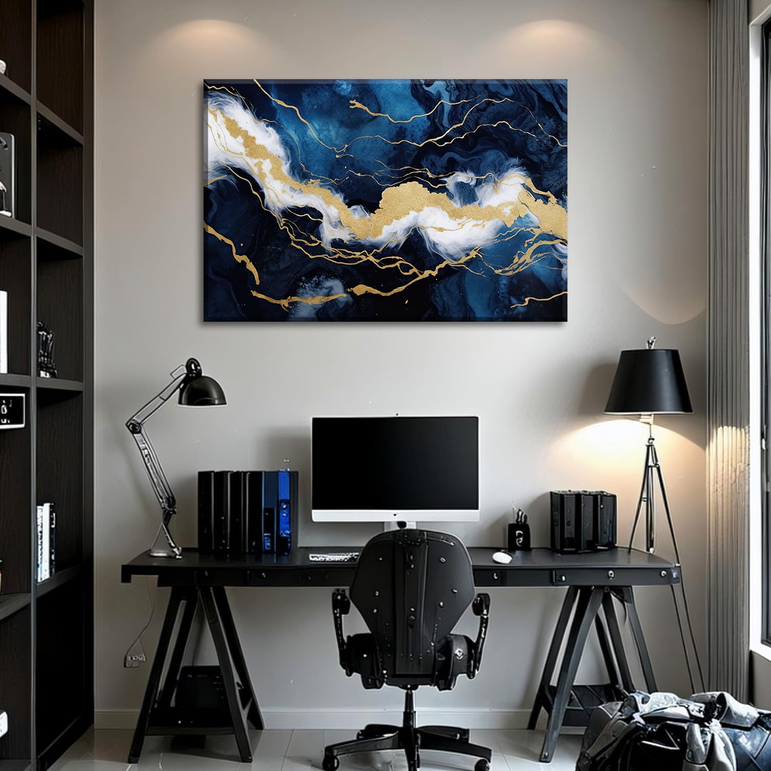 Large Navy Blue and Gold Wall Art Abstract Picture Living Room Decor Framed Modern Marble Texture Painting Canvas Prints for Bedroom Bathroom Home Office Ready to Hang - 32.00'x48.00'
