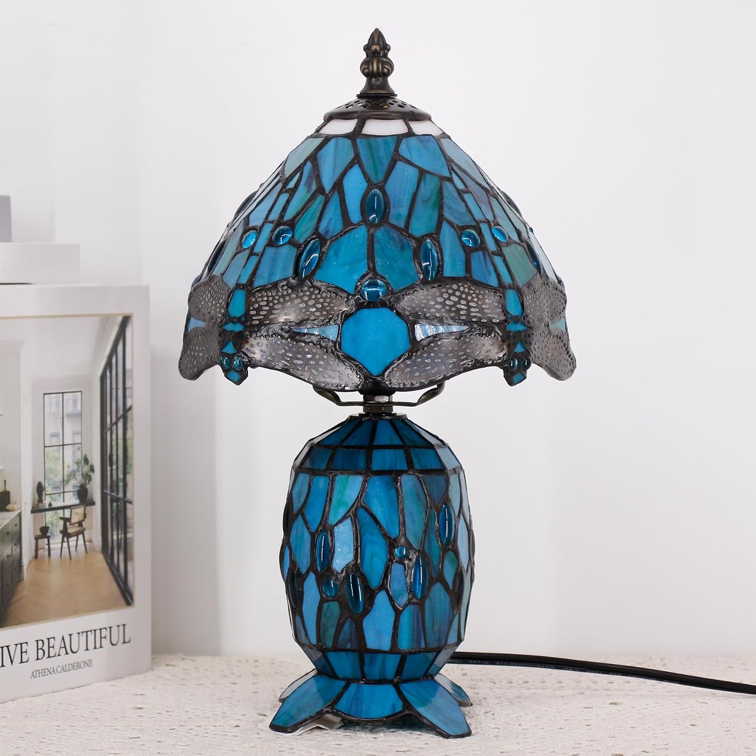 Small Tiffany Lamp Stained Glass Table Lamp Mini Mother Daughter Vase Desk Accent Light for Bedroom Bedside Reading Home Antique Style Decor 8X14 Inches (Green Dragonfly)