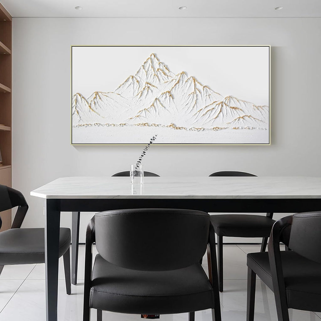 White and Gold Framed Paintings Textured Wall Art - 3D Mountain 100% Hand Painted Canvas Home Decor 48x24 Large Horizontal Contemporary Artwork Decoration for Living Room Bedroom