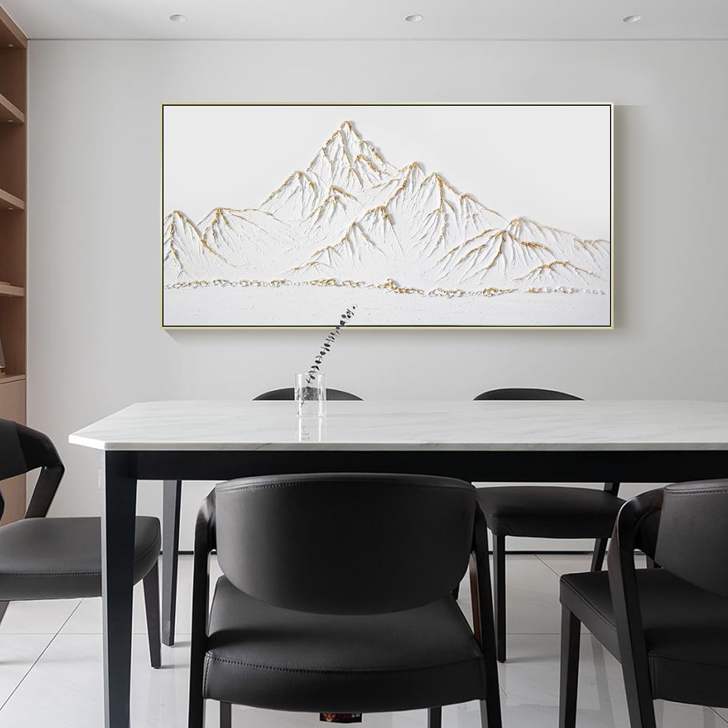 White and Gold Framed Paintings Textured Wall Art - 3D Mountain 100% Hand Painted Canvas Home Decor 48x24 Large Horizontal Contemporary Artwork Decoration for Living Room Bedroom