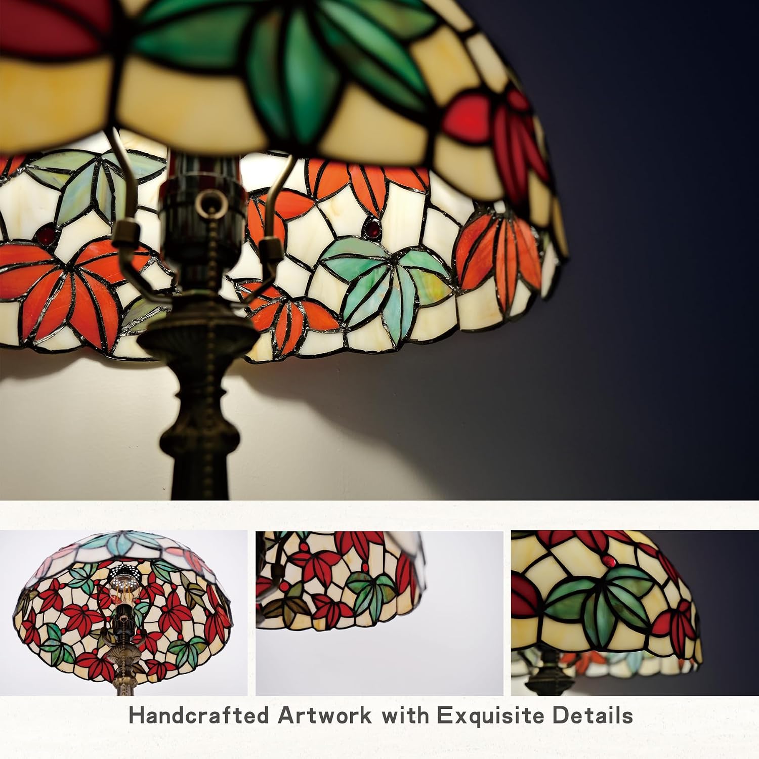 Tiffany Style Stained Glass Table Lamp, Maple Leaf Desk Light with Antique Bronze Resin Base, Multicolor Reading Lighting for Bedroom, Living Room, Office 12'X12'X19 (Maple-White)