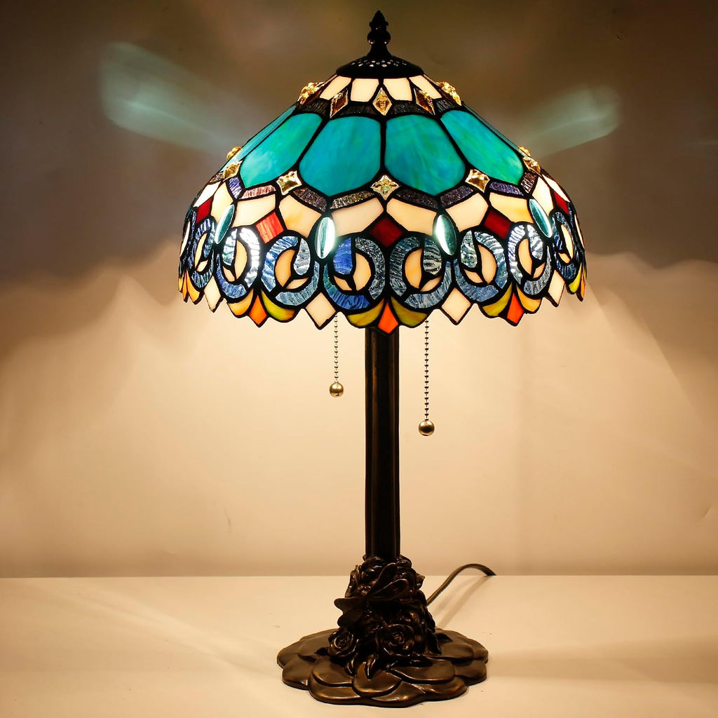 Table Lamp Stained Glass Desk Lamp 12X12X21Inch Resin Base for Bedroom Living Room Reading Light (Blue Jewelry Baroque)