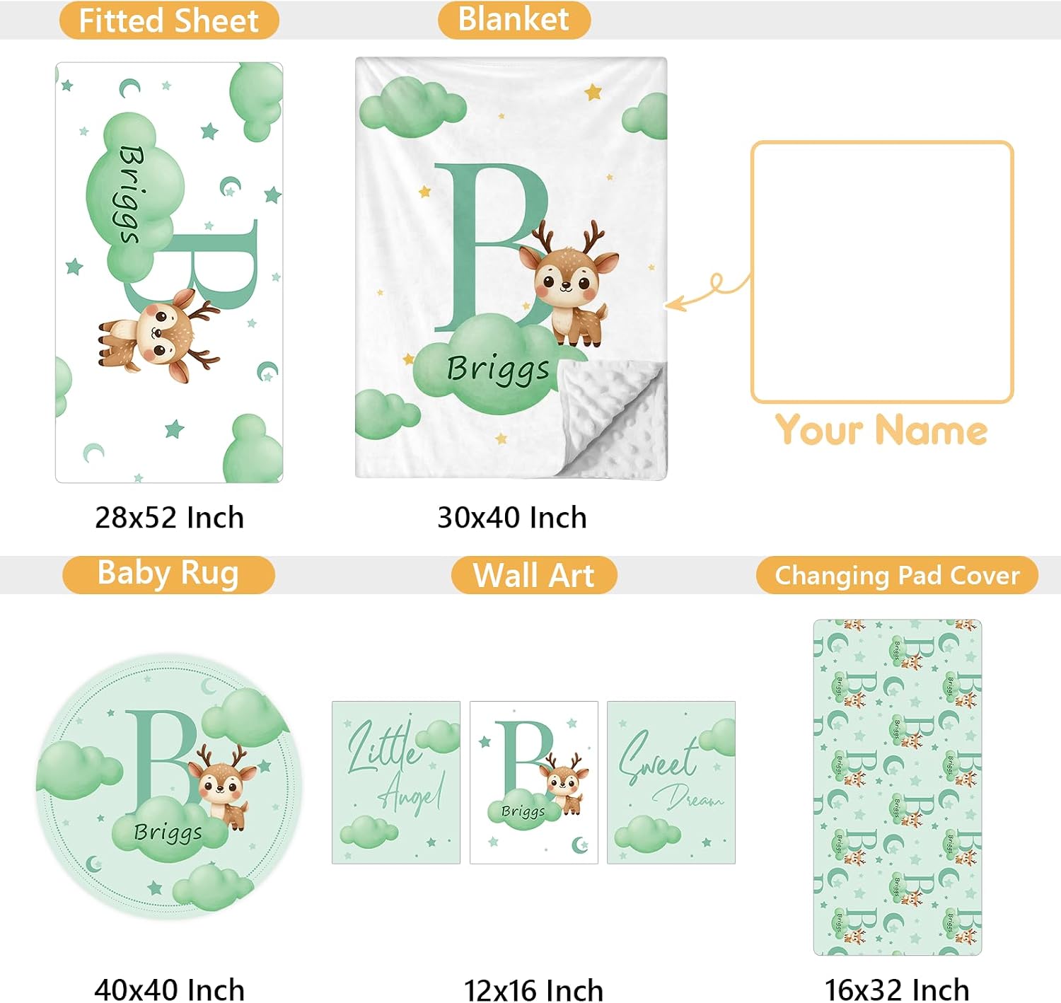 Terwex Personalized Crib Bedding Set, 5 Pcs Custom Nursery Bedding Sets with Name, Infant Bedding Set for Baby Girl Boy, Green Deer Double Layer Baby Crib Set, Toddlers Babies Kids Customized Gifts