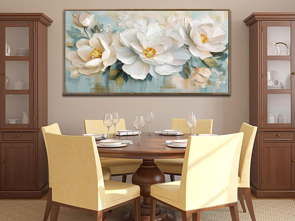 Enartly White Flowers Framed Wall Art for Living Room, 3D Textured Floral Canvas Painting Sage Florals Picture Artwork for Bedroom Dining Room Kitchen Home Office Wall Decor, 48'x24'