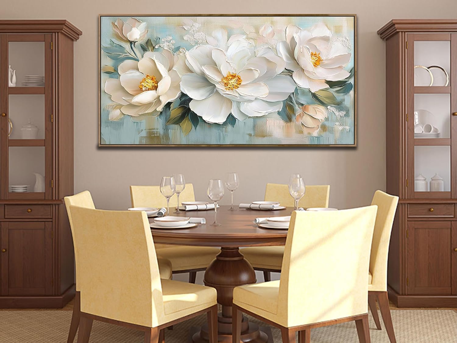 Enartly Extra White Flowers Framed Wall Art for Living Room, 3D Textured Floral Canvas Painting Sage Florals Picture Artwork for Bedroom Dining Room Kitchen Home Office Wall Decor, 58'x29'