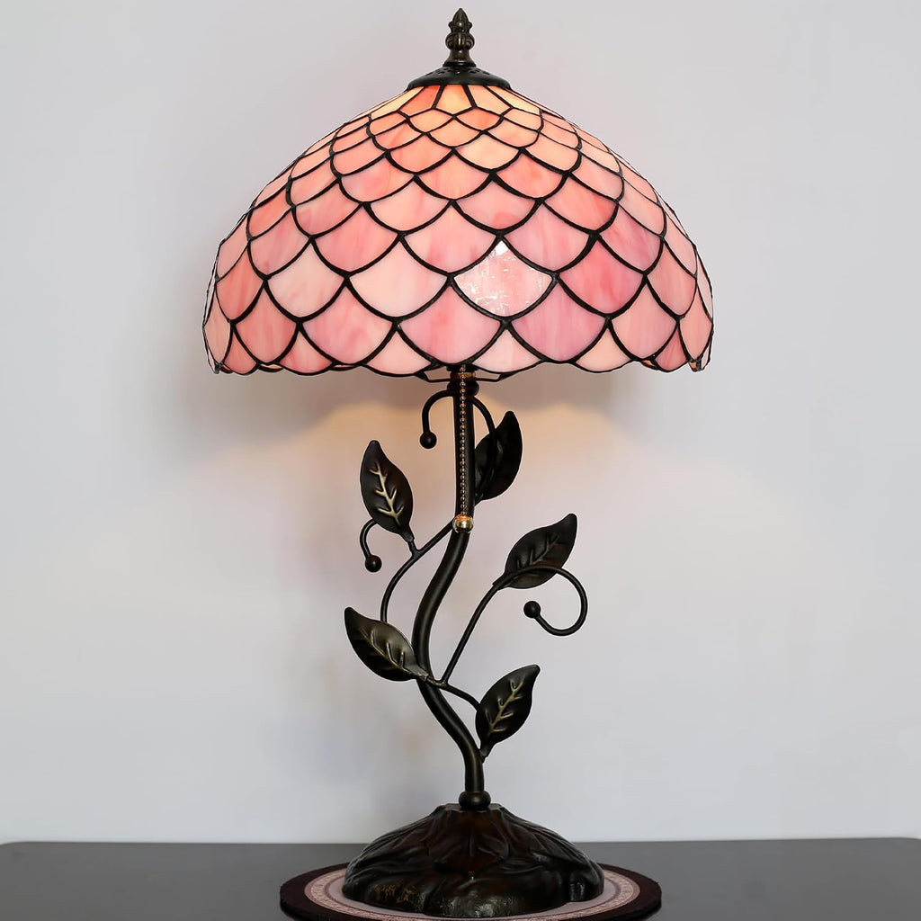 Tiffany Lamp Stained Glass Style Table Lamp Pink Fishscale Style Bedside Desk Reading Light W12H19 Inch Metal Leaf Base with Metal Leaf Base