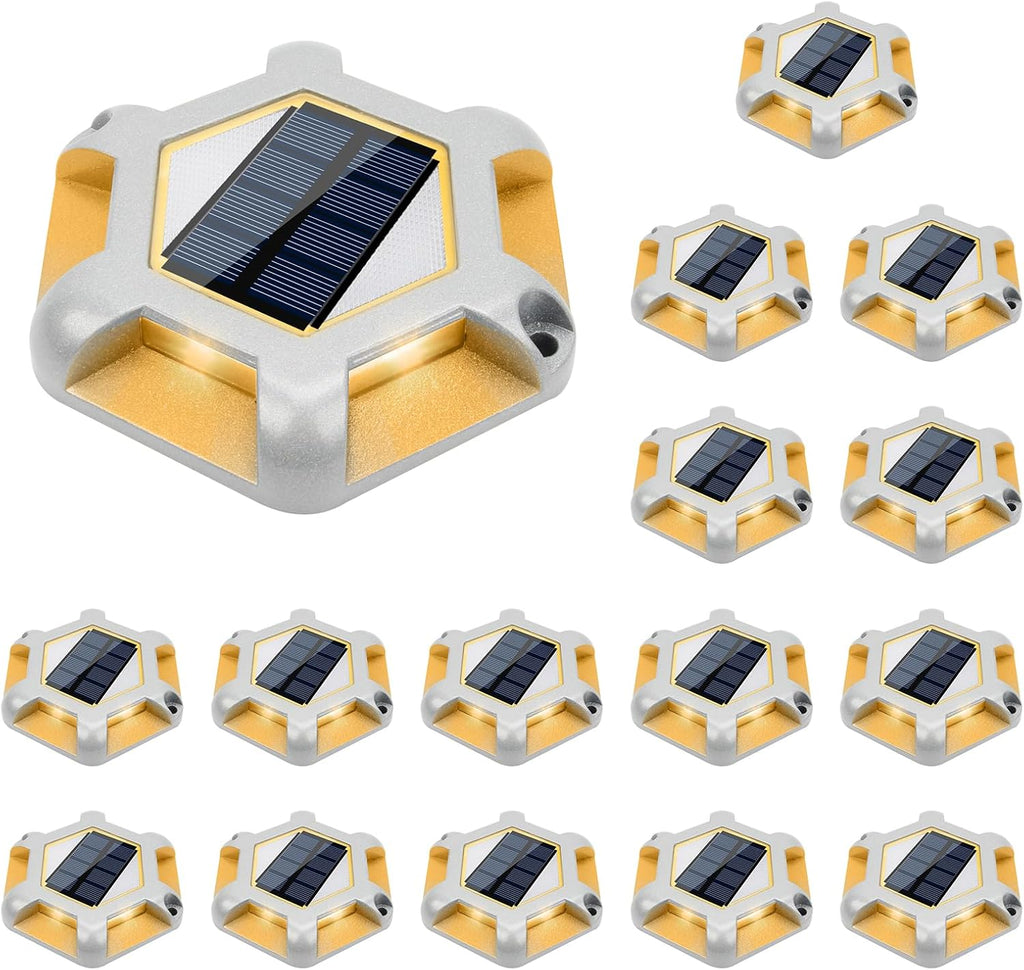 VOLISUN Solar Dock Lights - 16-Pack Waterproof Outdoor LED Aluminum Warning Step Lights for Driveway (Warm White & White, 2 Colors in 1), Auto On/Off