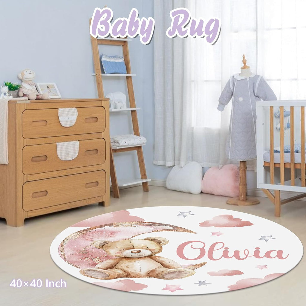 Personalized Baby Crib Bedding Set, 5 Pcs Custom Name Nursery Bedding Set for Girls Boys, Pink Bear Baby Crib Set for Toddlers Infants, Double Layer Bedding Crib Sets Customized Gifts