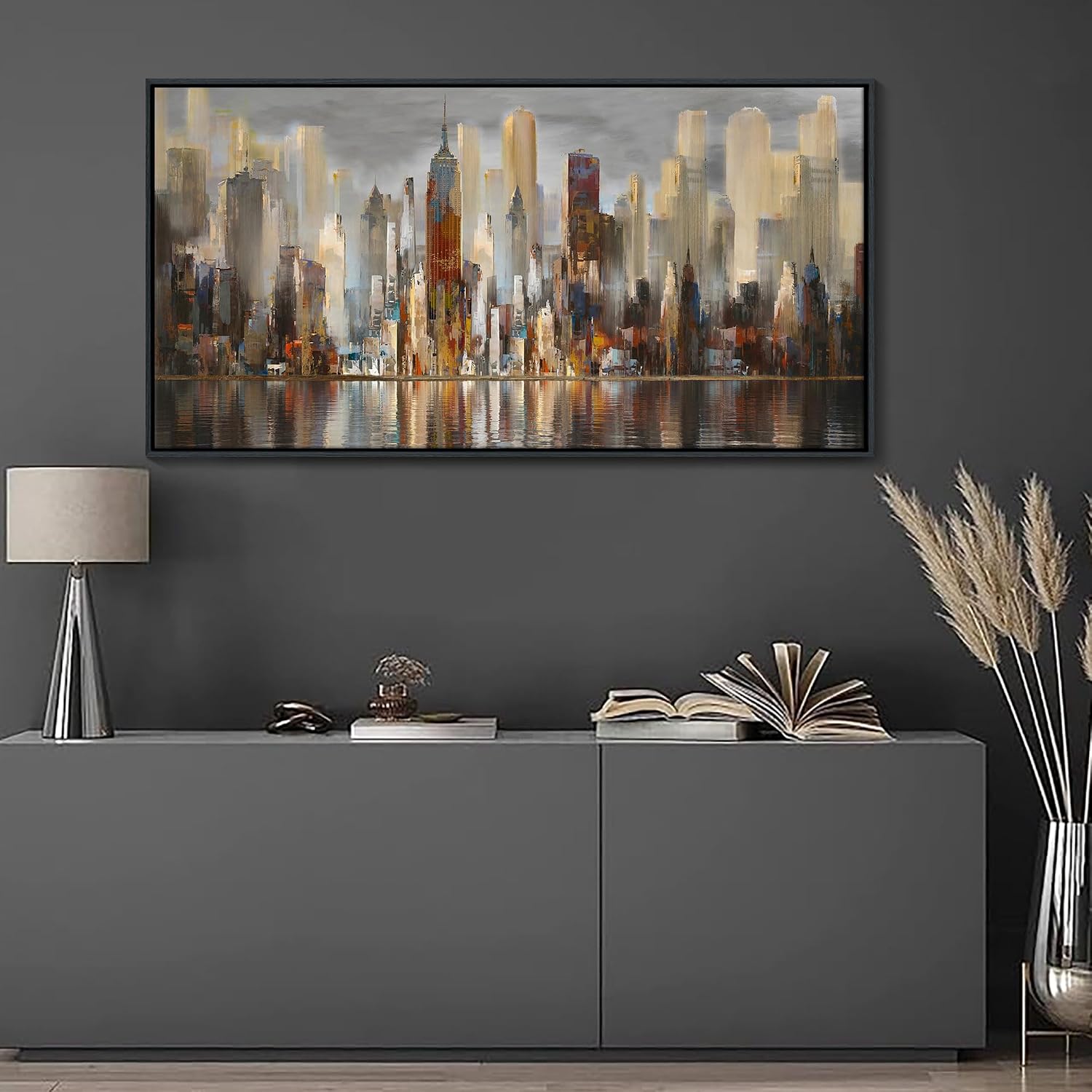 Abstract Brown New York City canvas Wall Art Framed Large Wall Art for Living Room Modern Paintings for Bedroom Cityscape New York Wall Decor Artwork Wall Pictures for Office and Bedroom 24×48in