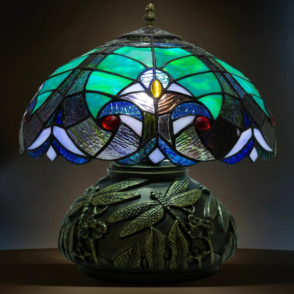 Tiffany Style Table Lamp Dragonfly, Small Stained Glass Lamp for Bedside, Bedroom, Nightstand, Living Room, 12 Inch Mini Vintage Mushroom Desk Lights Included E26 LED with Remote Control