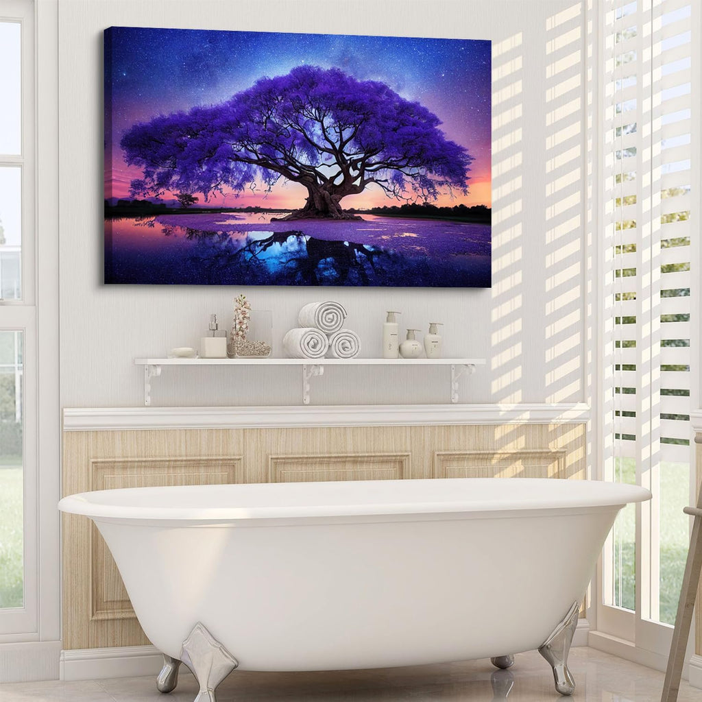 Purple Tree Landscape Wall Art Blue Starry Night Picture Artwork for Living Room Wall Decor Abstract Nature Scenery Canvas Print Painting for Modern Bedroom Bathroom Home Office Decoration 32x48'