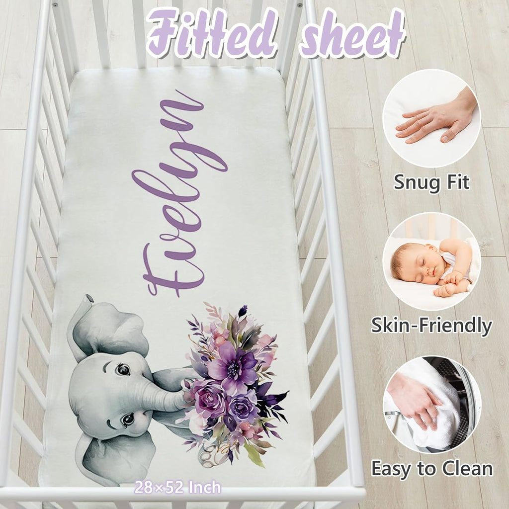 Personalized Baby Crib Bedding Set, 5 Pcs Custom Name Nursery Bedding Set for Girls Boys, Purple Elephant Baby Crib Set for Toddlers Infants, Double Layer Bedding Crib Sets Customized Gifts