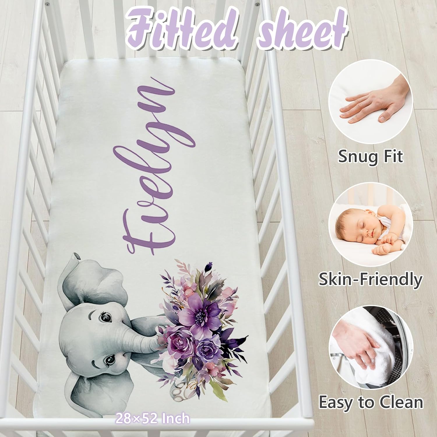 Personalized Baby Crib Bedding Set, 5 Pcs Custom Name Nursery Bedding Set for Girls Boys, Purple Elephant Baby Crib Set for Toddlers Infants, Double Layer Bedding Crib Sets Customized Gifts