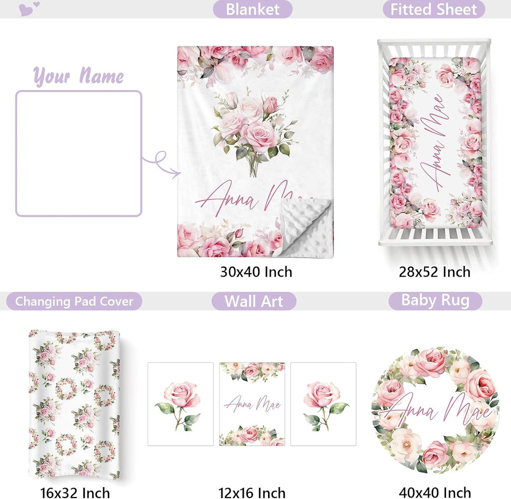 Custom Baby Crib Bedding Set, 5 PCS Personalized Name Baby Crib Sets for Girls Boys, Pink Flower Theme Nursery Bedding Sets for Infant Toddler, Double Layer Flannel Bed Set Customized Gifts