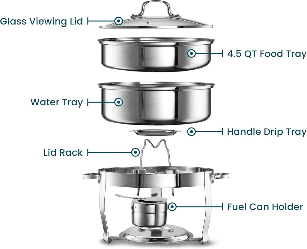 Chafing Dish for Buffet Set, by Kook, Chafing Buffet, Buffet Warmer Tray, Round, Stainless Steel with Glass Viewing Lid and Built-in Lid Holder, for Parties, Dinners and Catering, 4.5 Qt, Set of 3