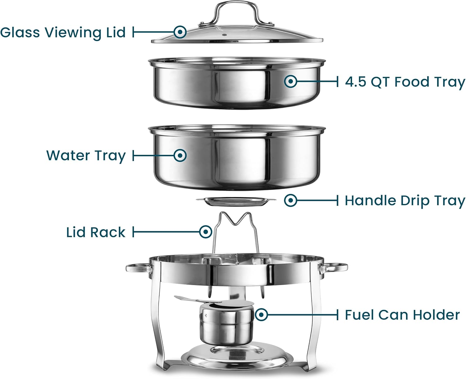 Chafing Dish for Buffet Set, by Kook, Chafing Buffet, Buffet Warmer Tray, Round, Stainless Steel with Glass Viewing Lid and Built-in Lid Holder, for Parties, Dinners and Catering, 4.5 Qt, Set of 3